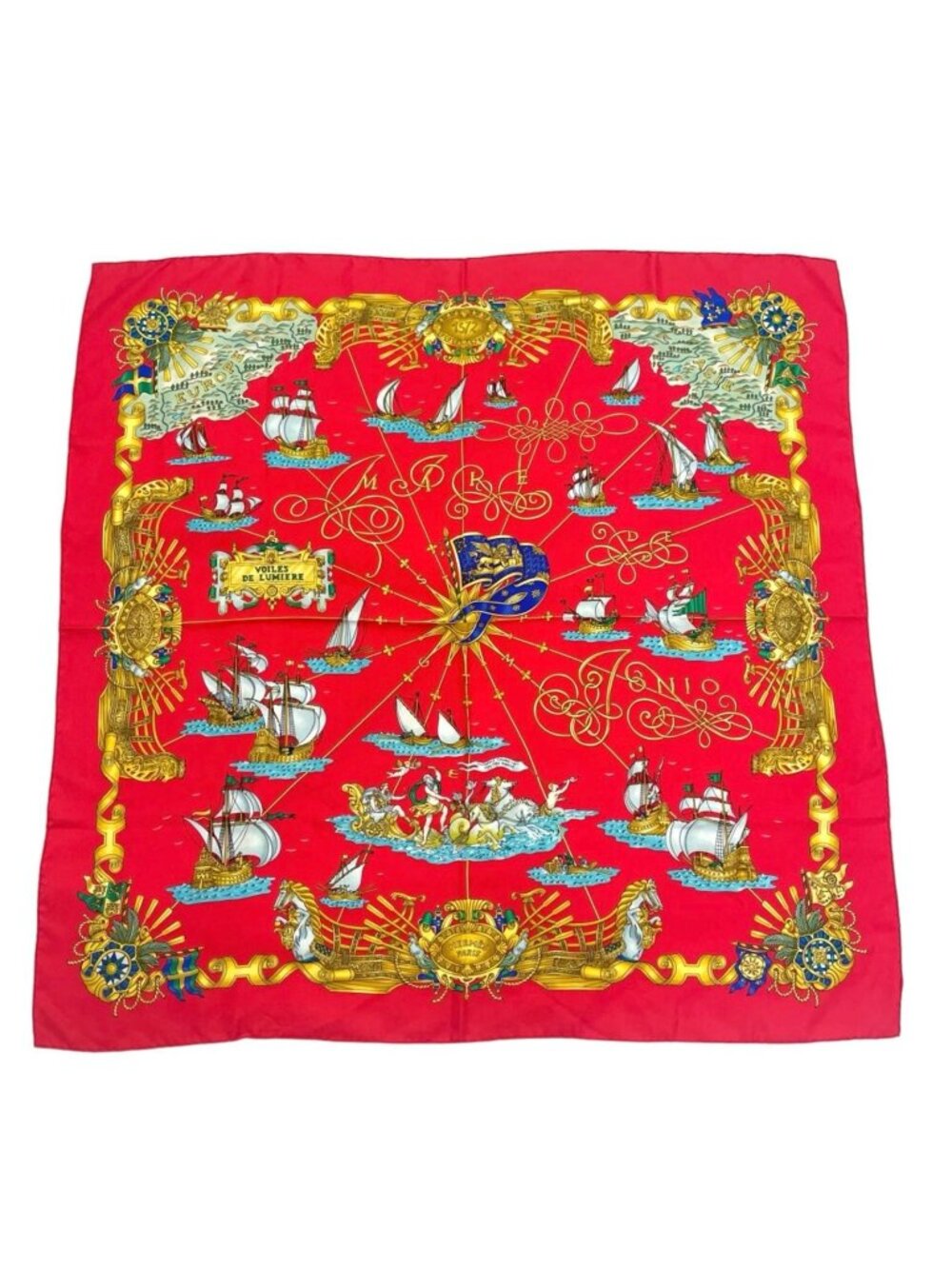Hermes Voiles de Lumiere Red Scarf Silk Multicolor Carre 90